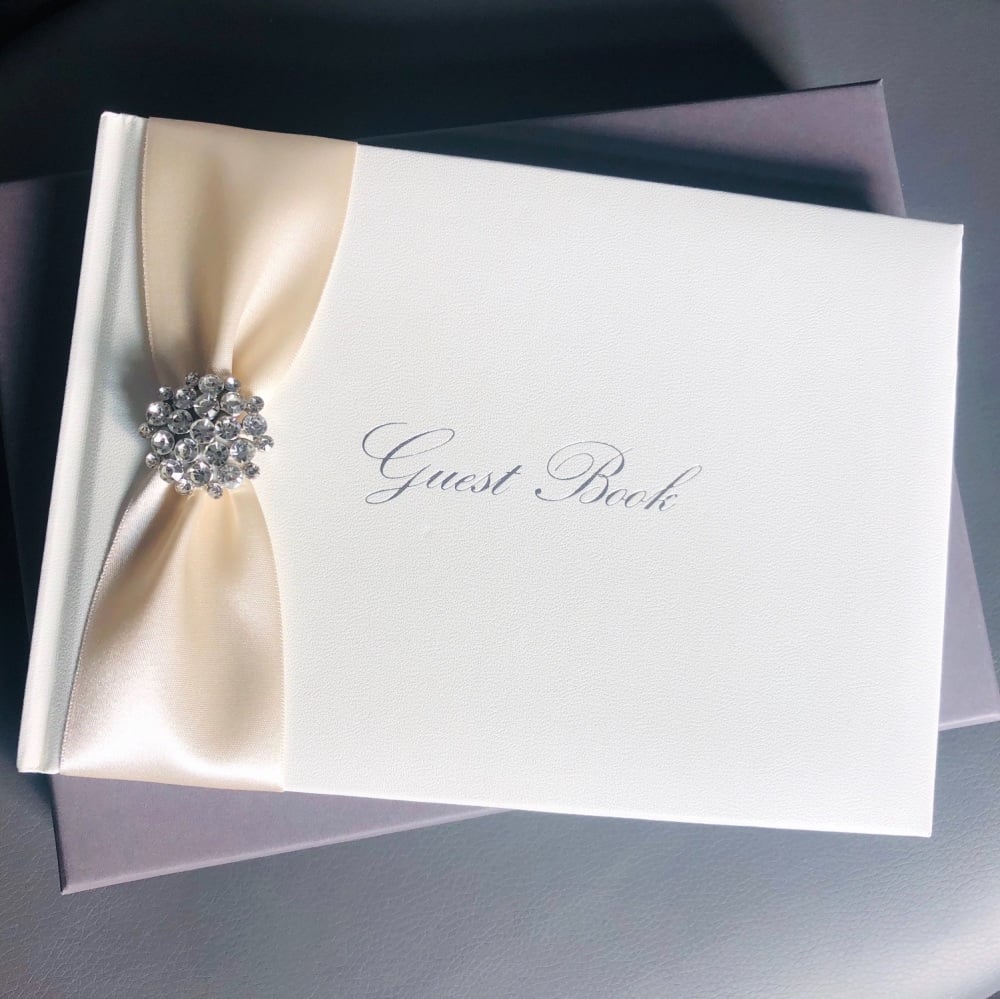 Personalised Wedding Guest Book with Diamante Brooch and Ribbon
