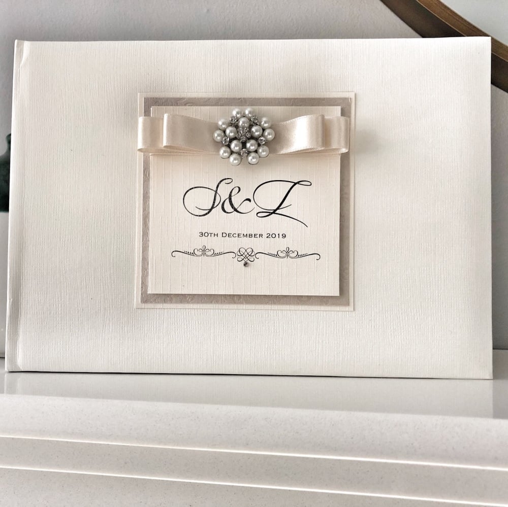 Monogram Personalised Guest Book with Vintage Pearl Brooch