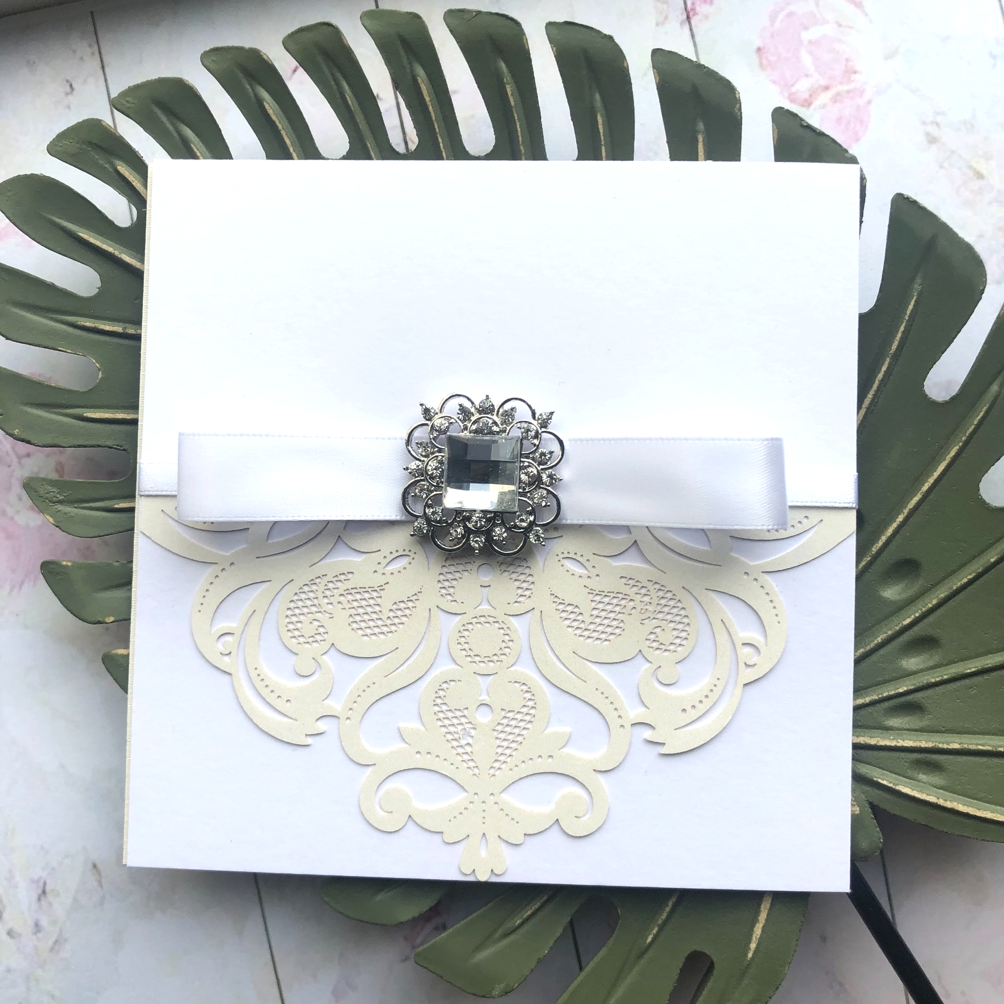 Vintage crystal invitation in white and ivory