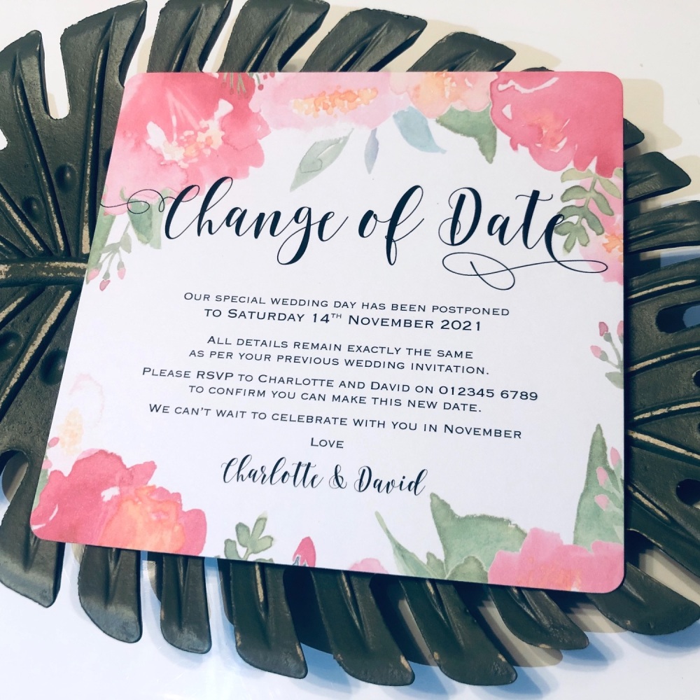 Pack of 10 Personalised Change of Date//Postponed Wedding Invitations Lots of Card Choices