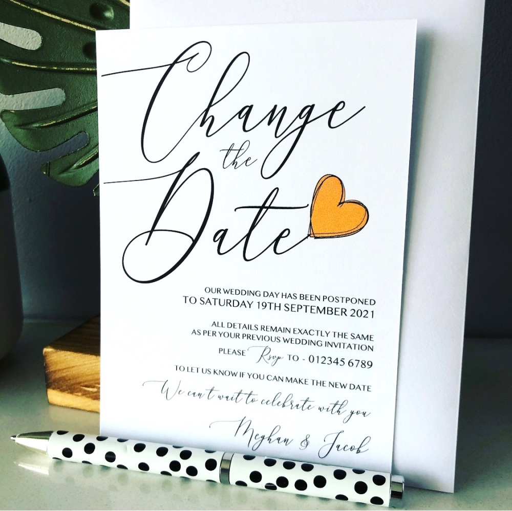 Modern Change of Wedding Date Personalised Cards - orange Heart