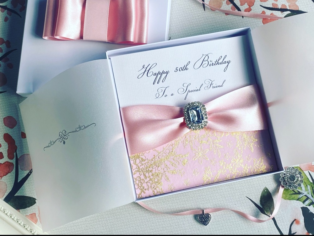 Luxury Boxed Birthday Card in Pink with Crystal