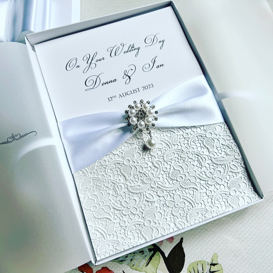 Boxed Personalised Wedding Card with Pearls