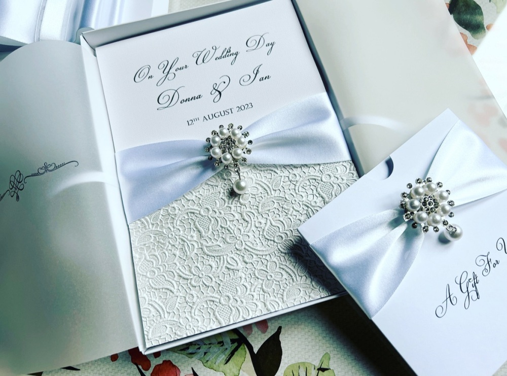 Boxed Personalised Wedding Card with Pearls