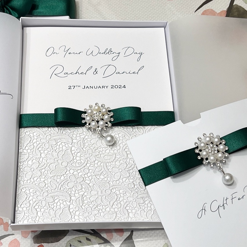Luxury Wedding Day Card with Dark Green Ribbon and Pearls