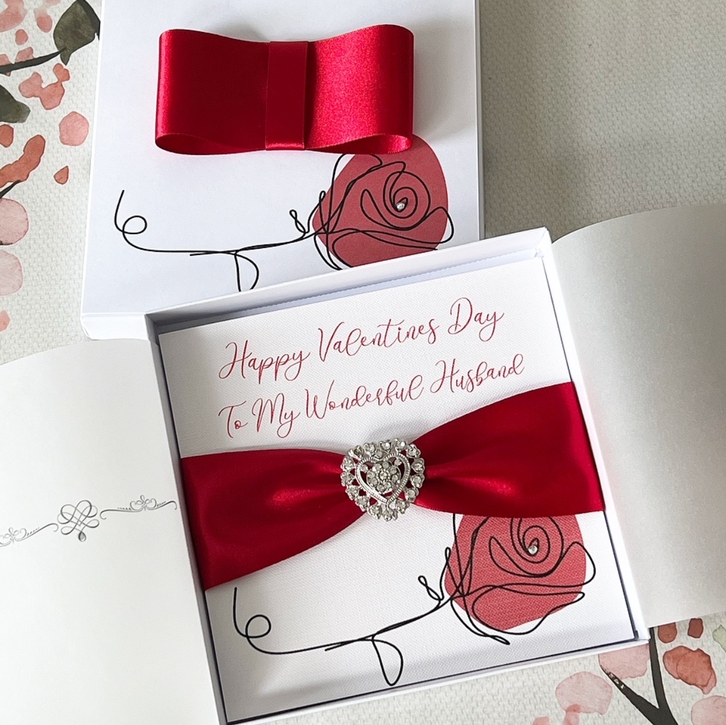 Valentines Card with Red Rose and Heart Brooch