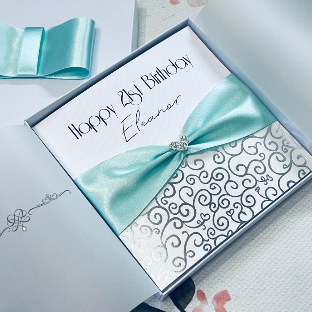 Luxury Tiffany Blue Style Birthday Card Personalised and Gift Boxed