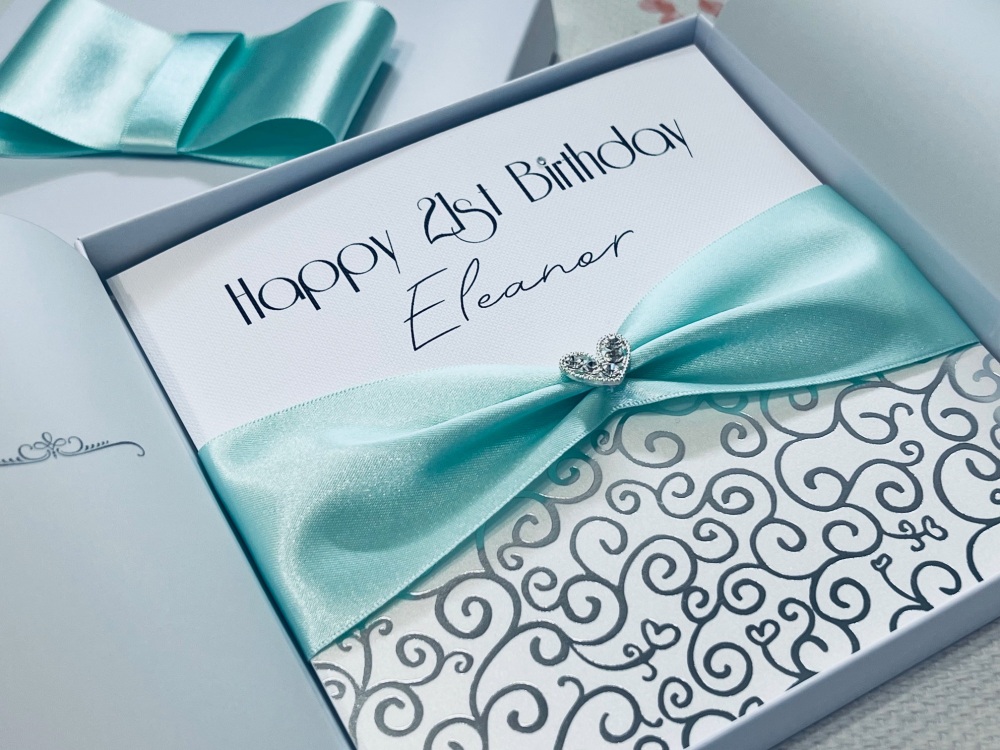 Luxury Tiffany Blue Style Birthday Card Personalised and Gift Boxed