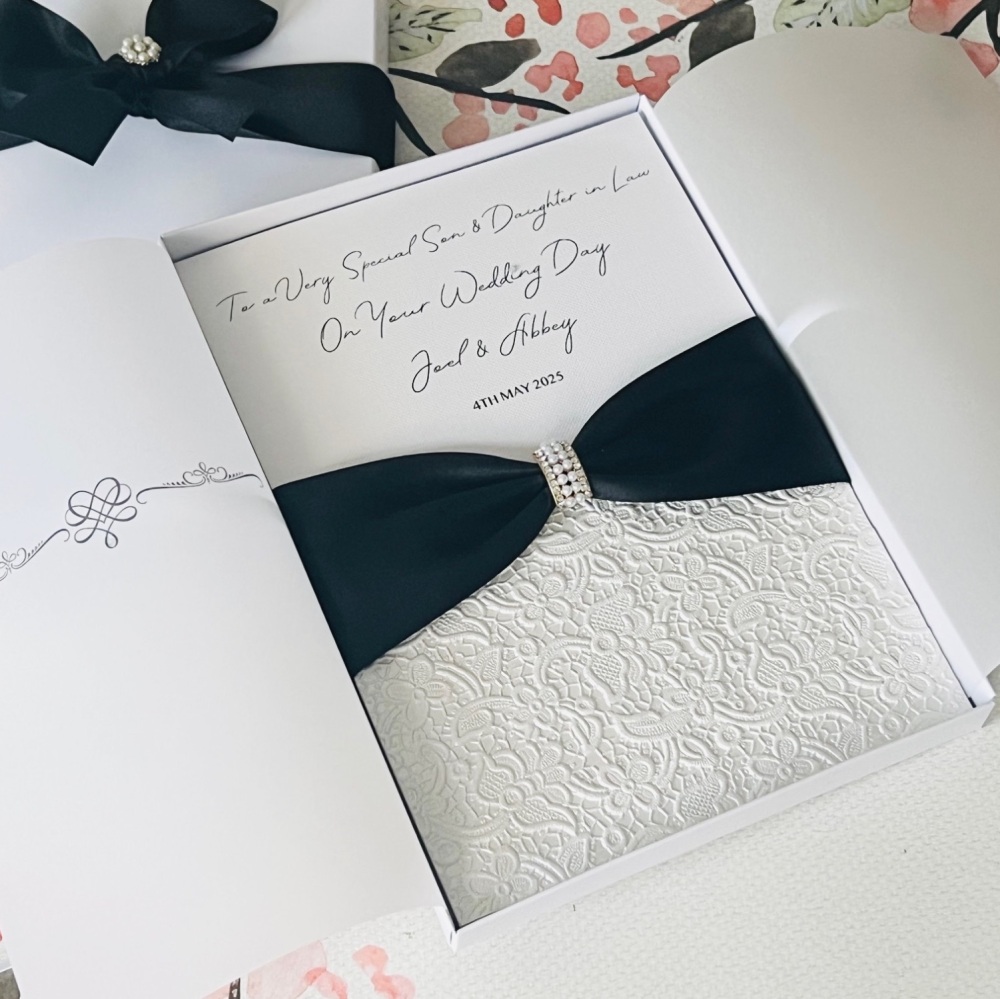 Luxury Pearl Wedding Day Card with Black Ribbon