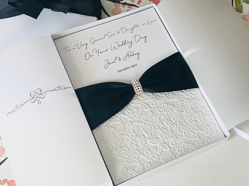Luxury Pearl Wedding Day Card with Black Ribbon