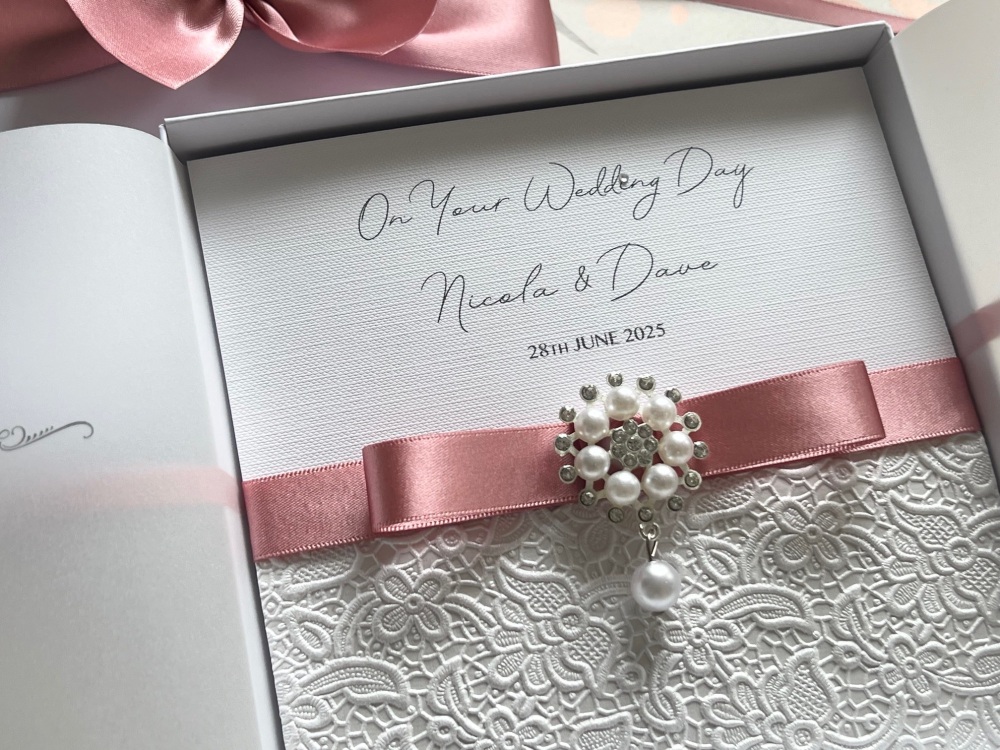 Luxury Pearl Wedding Day Card with Dusky Pink Ribbon
