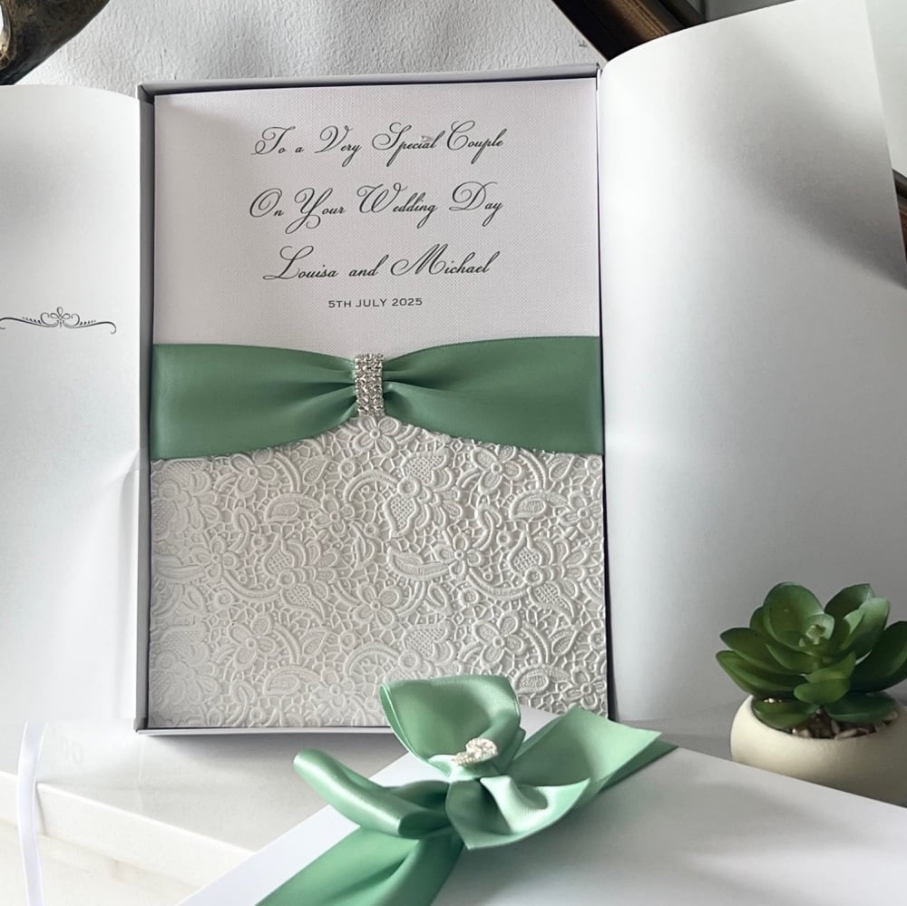 Luxury Wedding Card with Light Sage Green Ribbon and Crystal