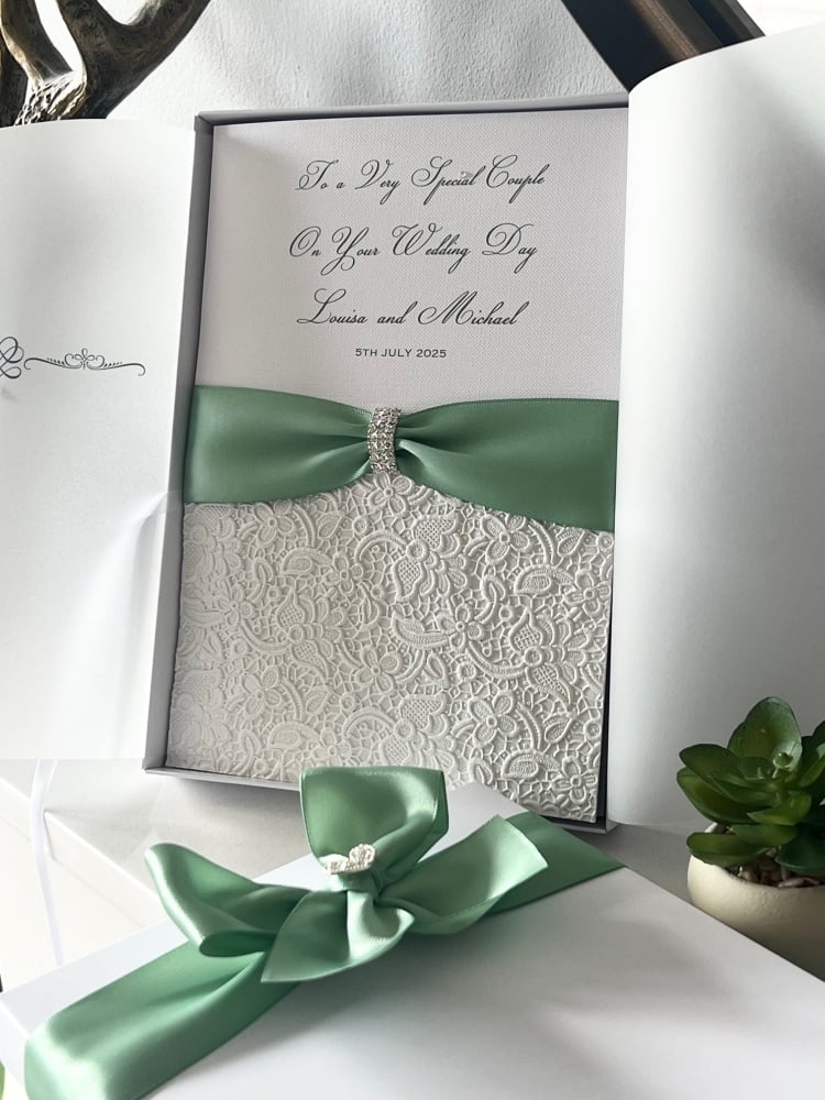 Luxury Wedding Card with Light Sage Green Ribbon and Crystal