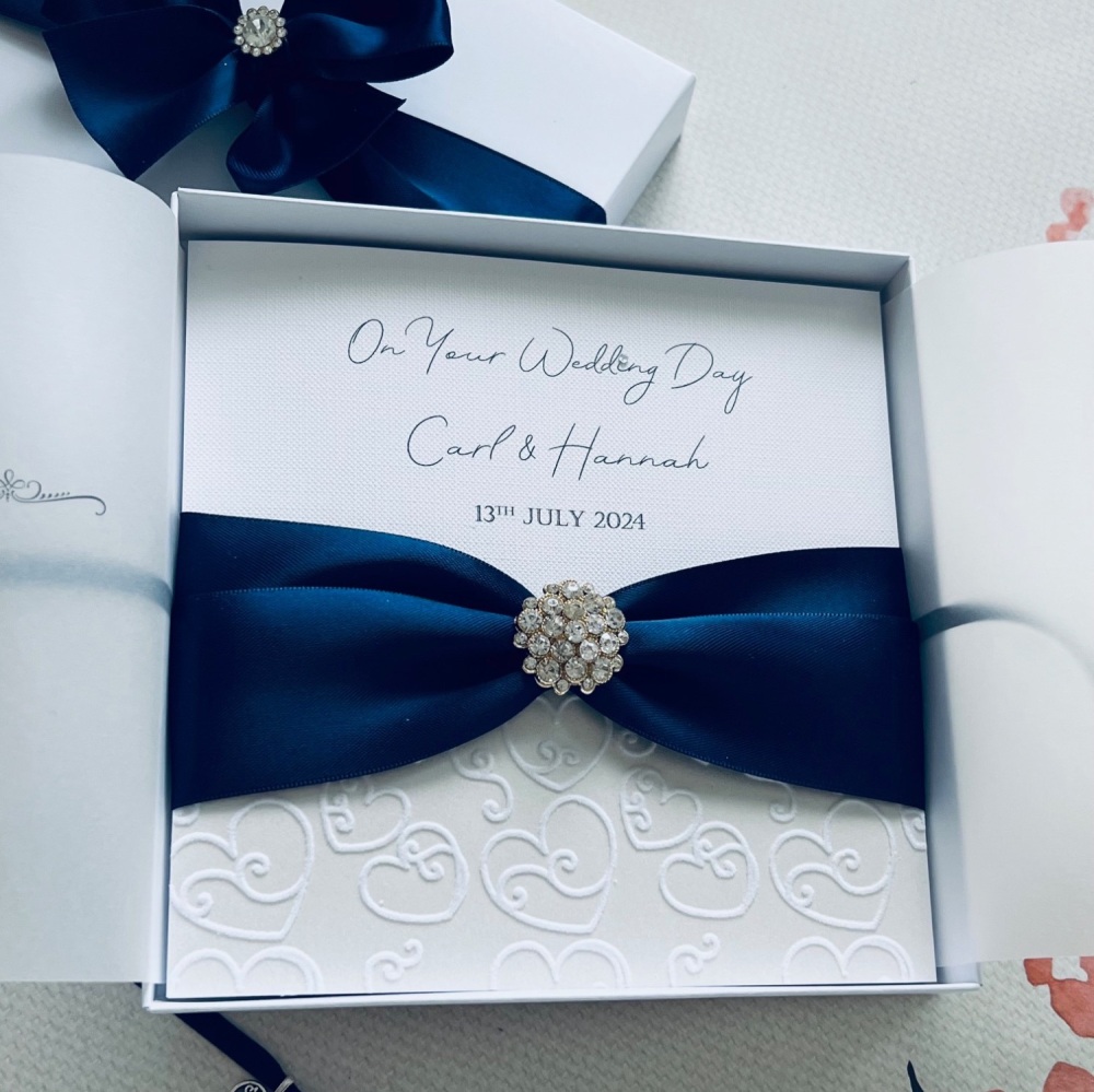 Navy Blue Personalised Wedding Card with Crystal