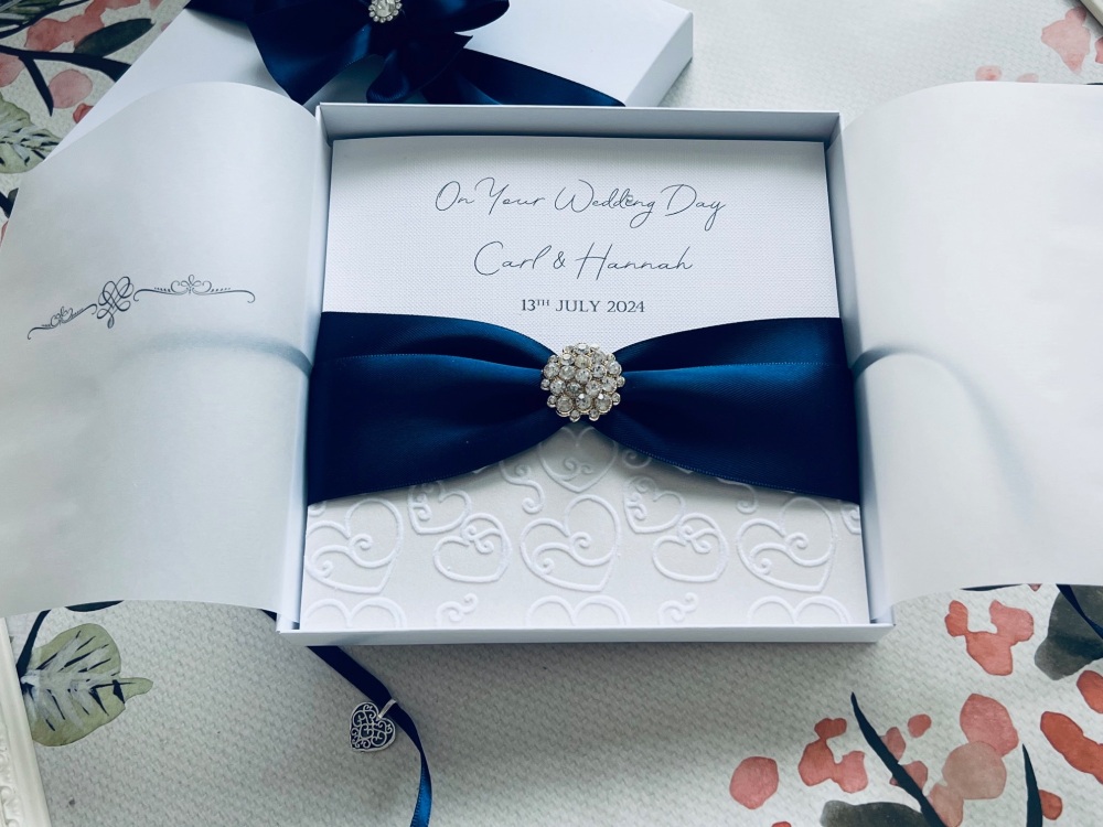 Navy Blue Personalised Wedding Card with Crystal