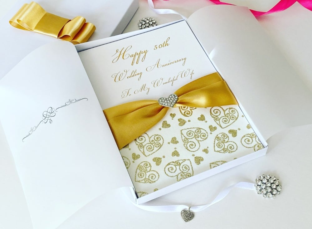50th Golden Wedding Anniversary Luxury Card with Gift Box