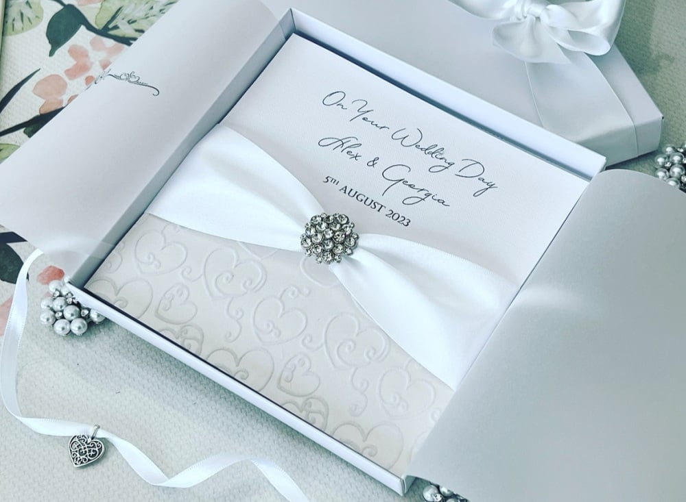 Luxury Wedding Day Card with Crystal, Personalised and Gift Boxed