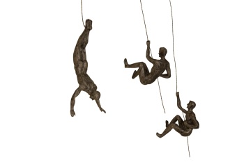 Trio of Climbing Buddies -Bronze Colour - 2 Climbing Men Sculptures and 1 Bungee Jumper Sculpture with 3 Nail-Caps