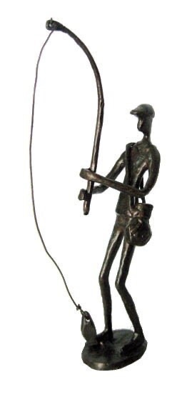 Metal sculpture of a man with a fishing rod reeling in his catch