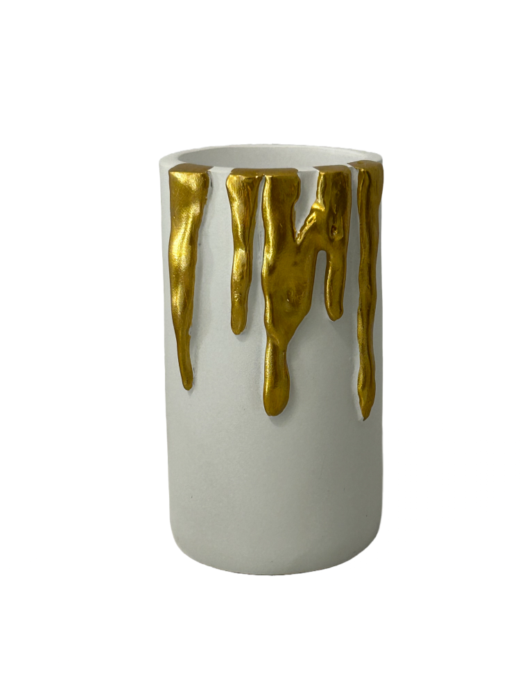 Large White-Gold Candle Holder Dripping Gold-toned Wax Tea-light Holder Add