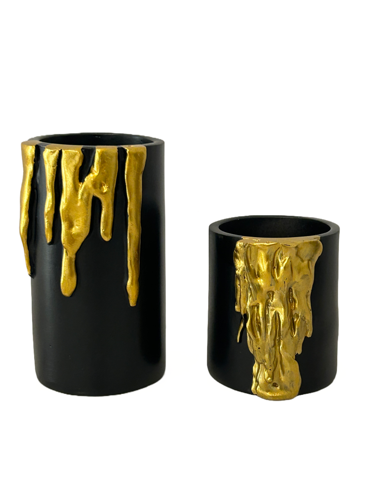 Small Black-Gold Candle Holder Dripping Gold-toned Wax Tea-light Holder Add