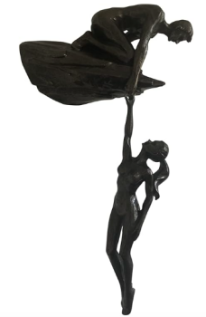 Cliffhanger Rescue: Dramatic Man & Woman Wall Sculpture in Bronze colour - Man on cliff edge holding a hanging woman sculpture wall hanging statue scu