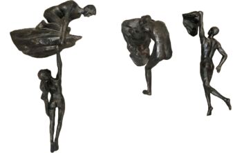 1x Man on cliff edge holding a hanging woman sculpture wall hanging statue sculpture and 2x rock climber  figures climbing with 1 & 2 arms