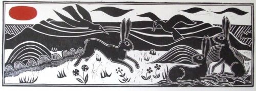 John Walker Original print Hares and birds on Ridgeway