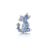 Silver and forget me not cat brooch