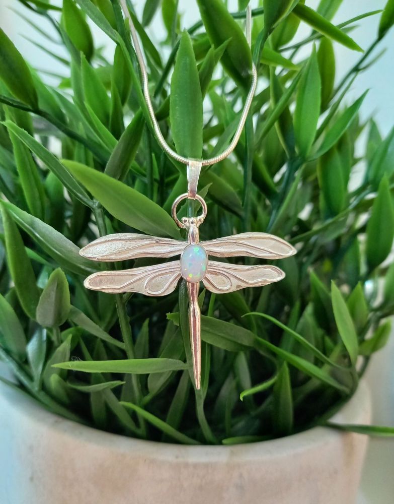 Large silver and opal dragonfly necklace