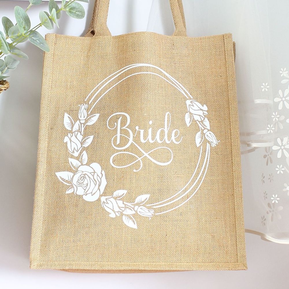 <!-- 076--> Jute Tote bag - Bride (Rose wreath)