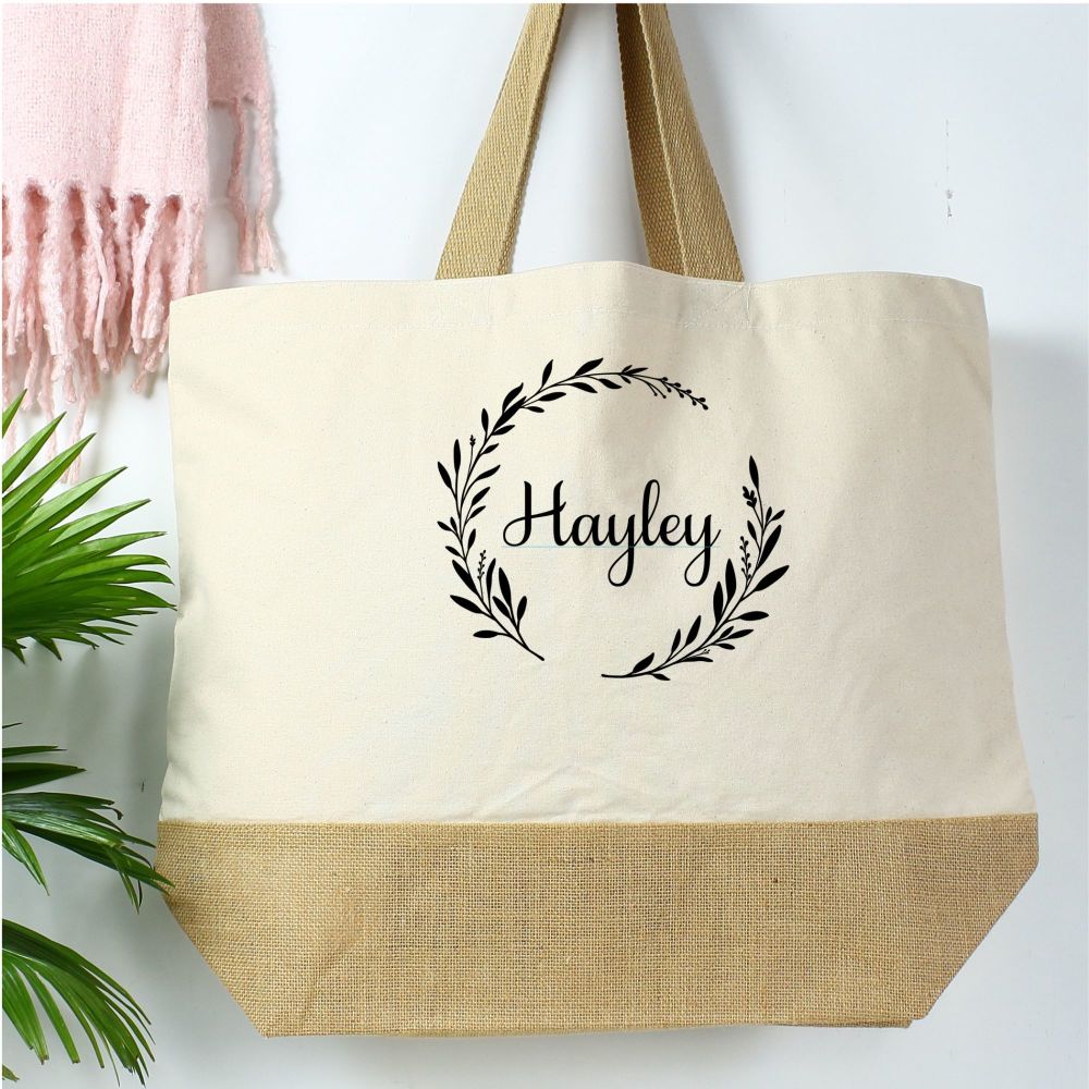 <!-- 082--> Cotton canvas shopper - Wreath/Name