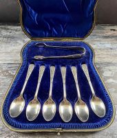 Set of Six Victorian Silver Plated Teaspoons and Sugar Tongs with box