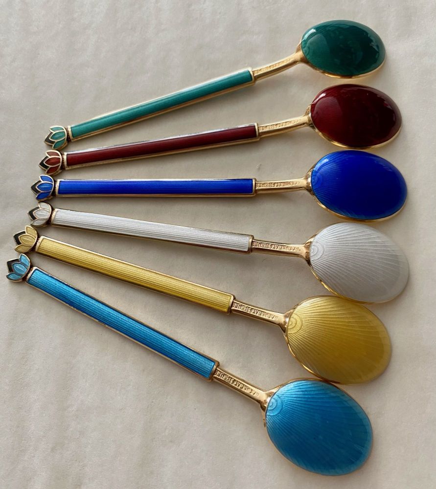 Set of 6 David Anderson, Norway, Silver Gilt Guilloche Enamel Coffee Spoons