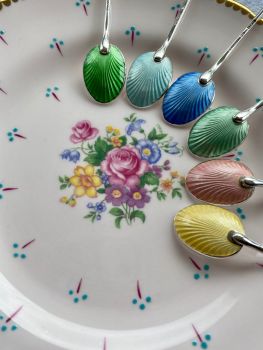 Set of Six Walker & Hall Silver Guilloche Enamel Demitasse Coffee Spoons