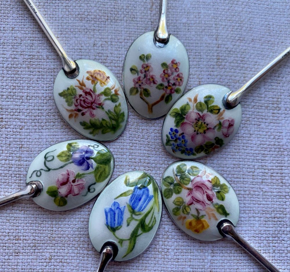 Set of Six Silver Floral Enamel Spoons