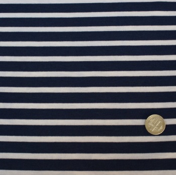 Punta Di Roma Jersey Knit Fabric - Navy Stripes - 68% Polyester, 30% Ramie, 2% Lycra Half Metre