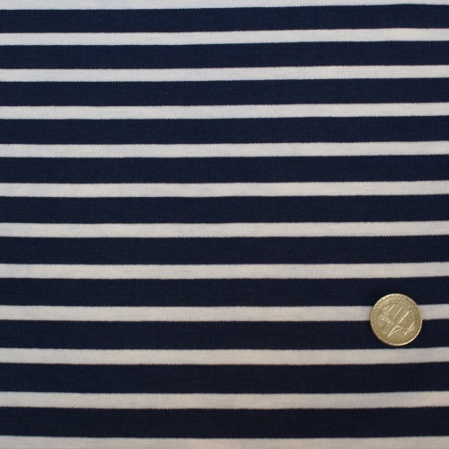 Punta Di Roma Jersey Knit Fabric - Navy Stripes - 68% Polyester, 30% Ramie,