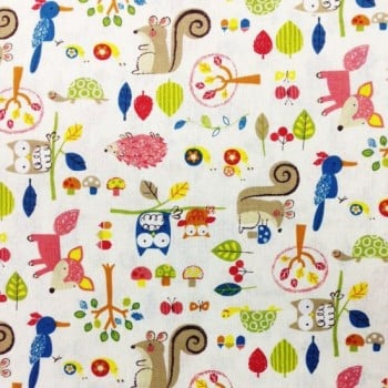 Cosmo Textiles Fabric - Hayashi Woodland Animals - White - 80% Cotton, 20% Linen
