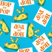 Dr Seuss Fabric - Hop on Pop - Title Squares - Blue - 100% Cotton 