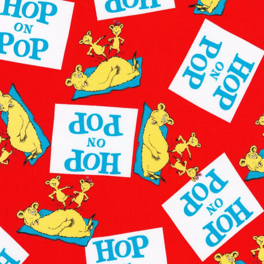 Dr Seuss Fabric - Hop on Pop - Title Squares - Red - 100% Cotton