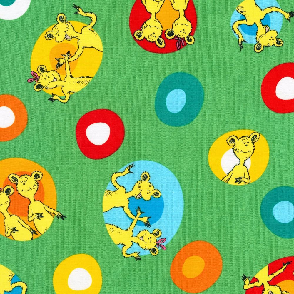 Dr Seuss Fabric - Hop on Pop - Colourful Eggs - Green - 100% Cotton