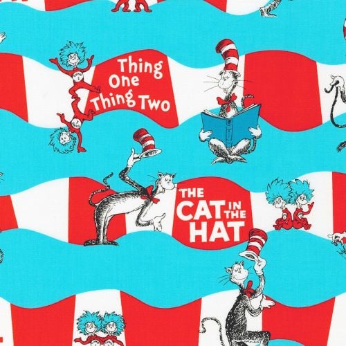 Dr Seuss Fabric - Cat in The Hat - Aqua Character Stripe - 100% Cotton