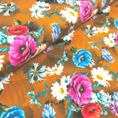 Stretch Jersey Knit Fabric - Digital Floral Mustard - 95% Cotton 5% Lycra H
