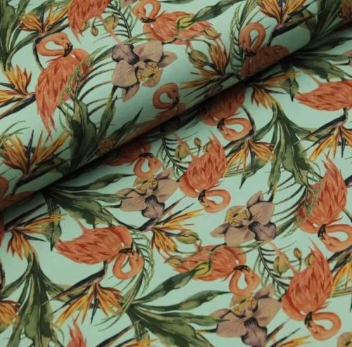 Stretch Jersey Knit Fabric - Digital Flamingoes Mint - 95% Cotton 5% Lycra 