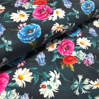 Stretch Jersey Knit Fabric - Digital Floral Marine - 95% Cotton 5% Lycra Half Metre