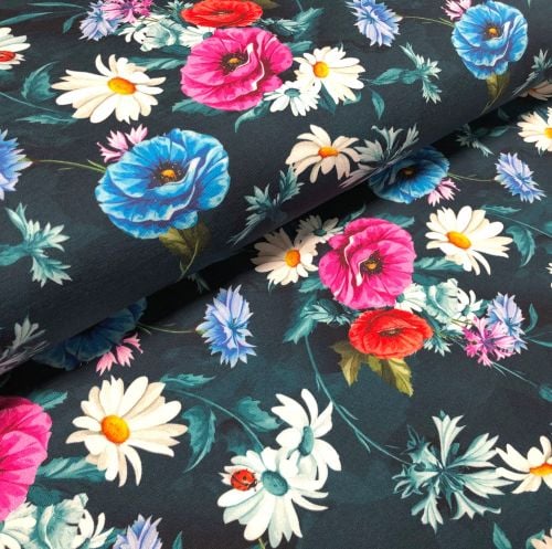 Stretch Jersey Knit Fabric - Digital Floral Marine - 95% Cotton 5% Lycra Ha