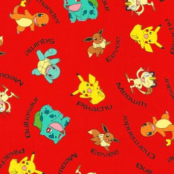 Pokemon Fabric - Characters and Names - Red - 100% Cotton - 1/4m+