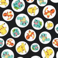 Pokemon Fabric - Pokemon in Circles - Black - 100% Cotton - 1/4m+