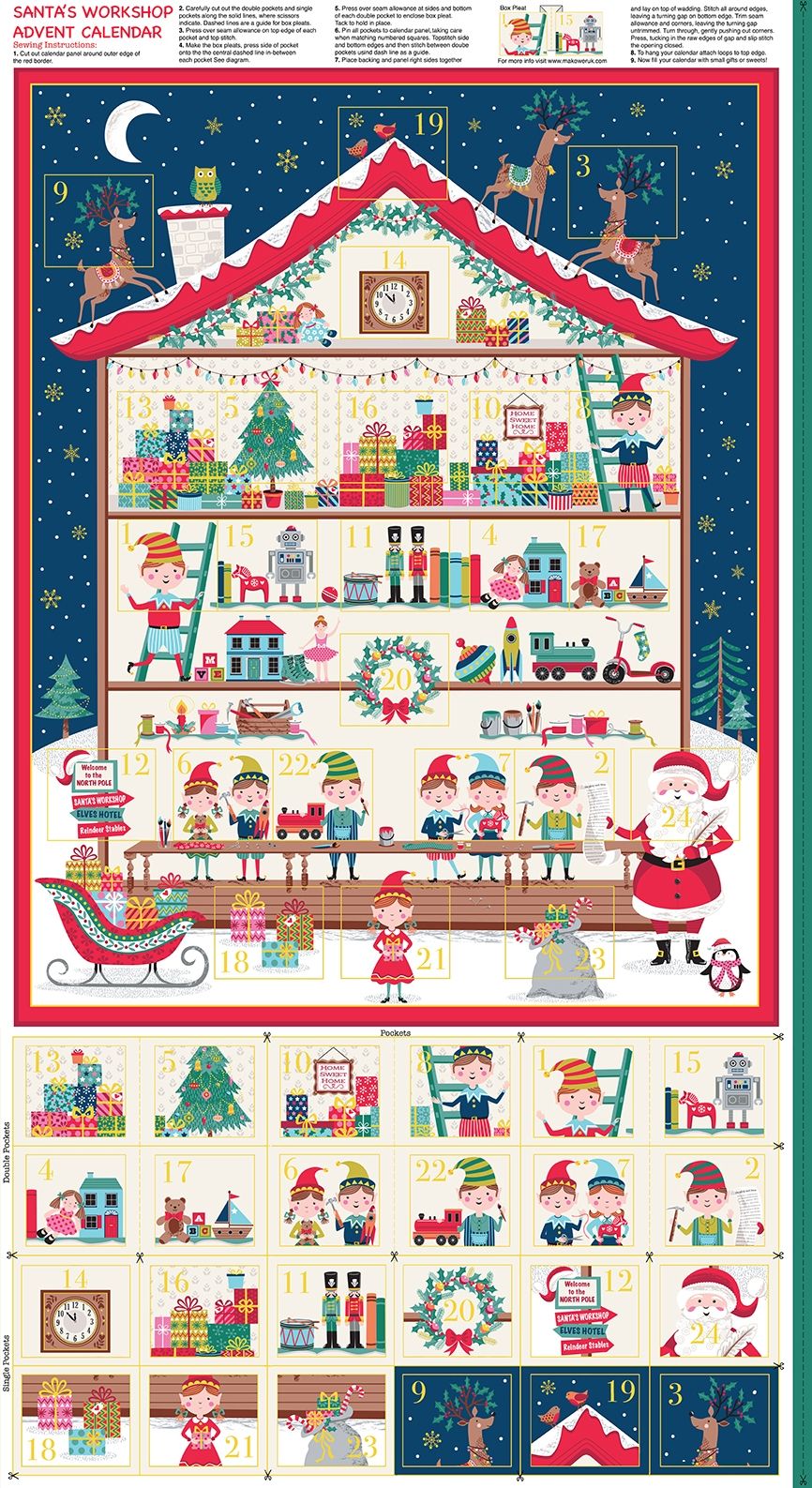 Makower Fabric Christmas Santas Advent Calendar Panel 100